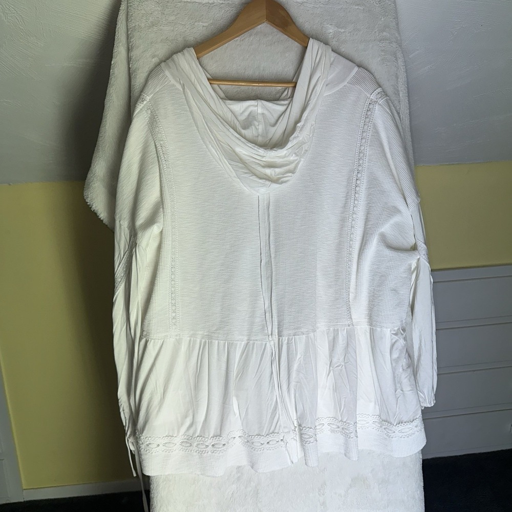 POL Oversized Beachy Lace Trim Full Zip Hoodie White Balloon Sleeve Boho M Light - Picture 7 of 13